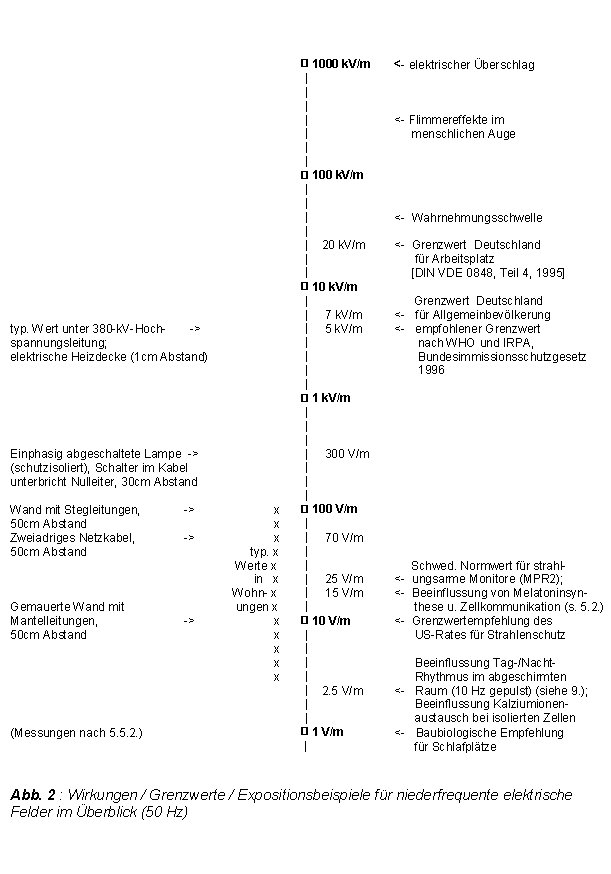 < Abb.2 : Wirkungen, Grenzwerte und Expositionsbeispiele fr elektrische Felder - 11 kB >
