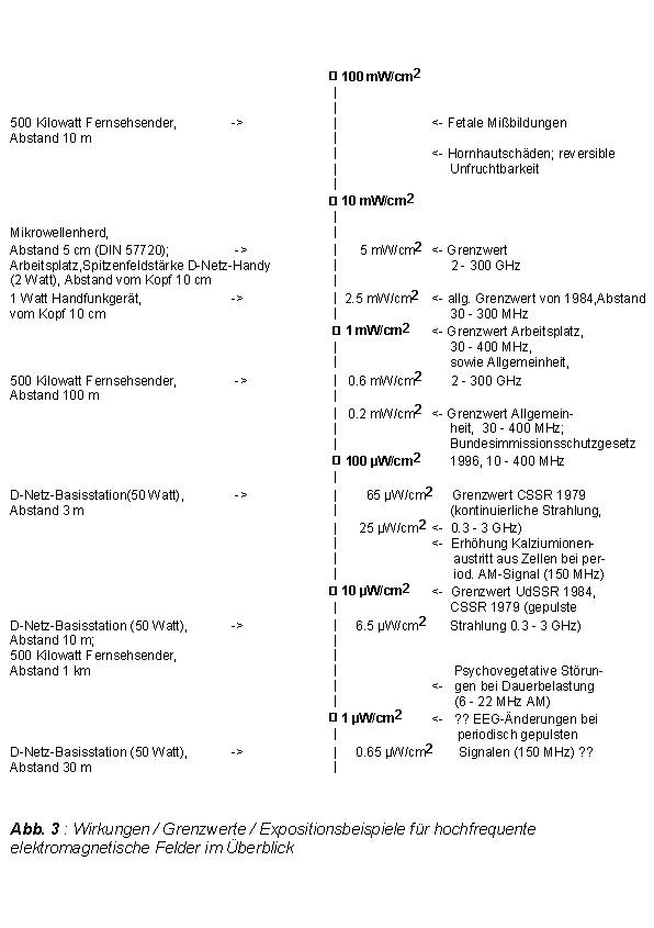 < Abb.3 : Wirkungen, Grenzwerte und Expositionsbeispiele fr hochfrequente elektromagnetische Felder - 12 kB >